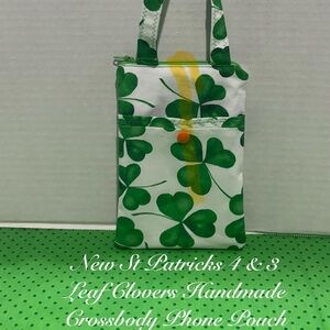 FESTIVE ST PATRICKS FOUR & THREE LEAF CLOVERS HANDMADE CROSSBODY PHONE POUCH